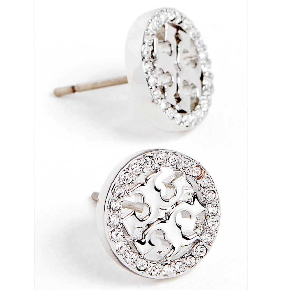 Tory Burch silver crystal pavé circular logo earrings